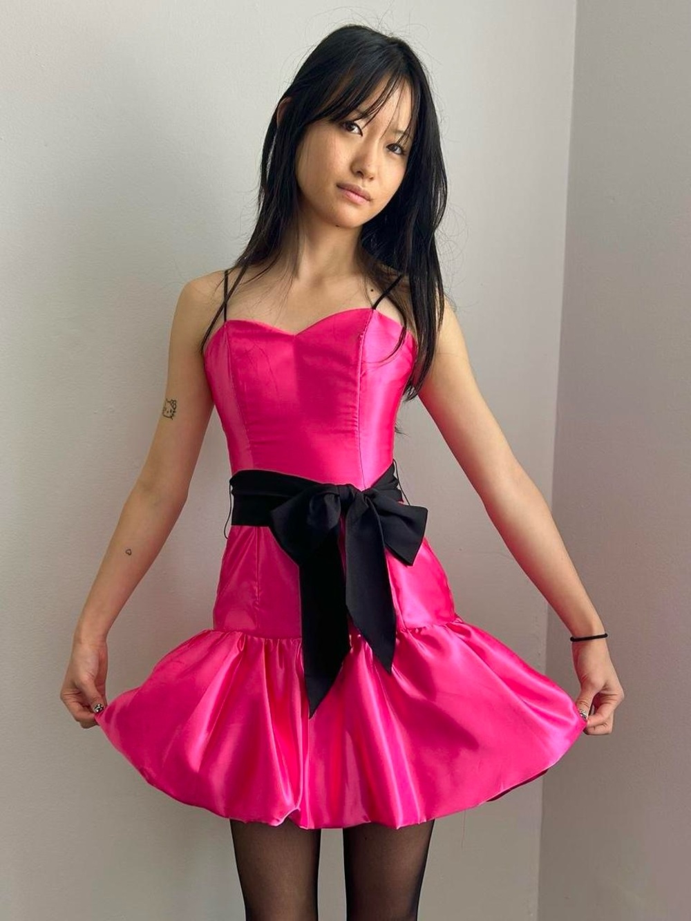 Gunne Sax Hot Pink Satin Hubble hem mini dress with Black Waist Bow